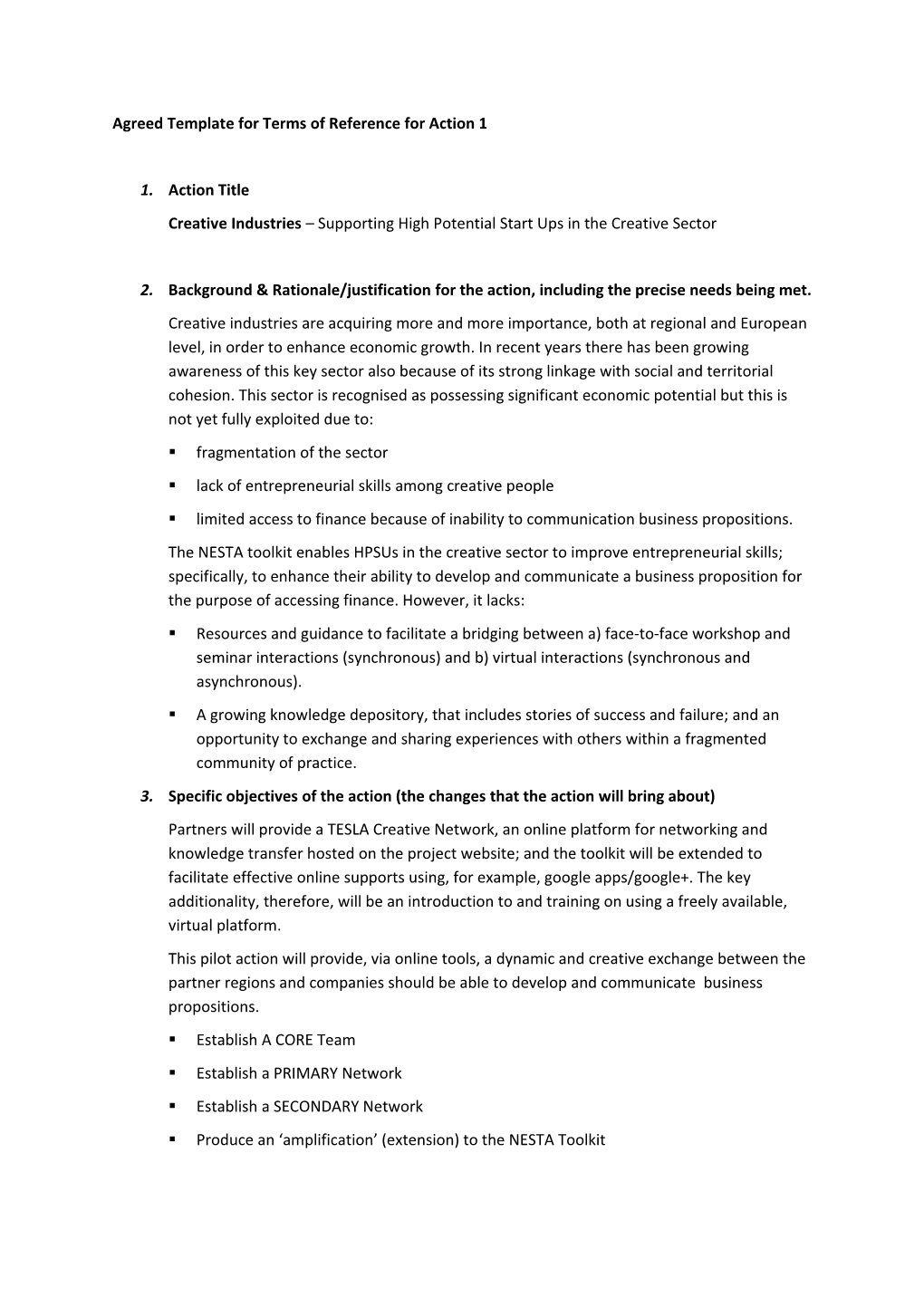 Agreed Template for Terms of Reference for Actions 1-10