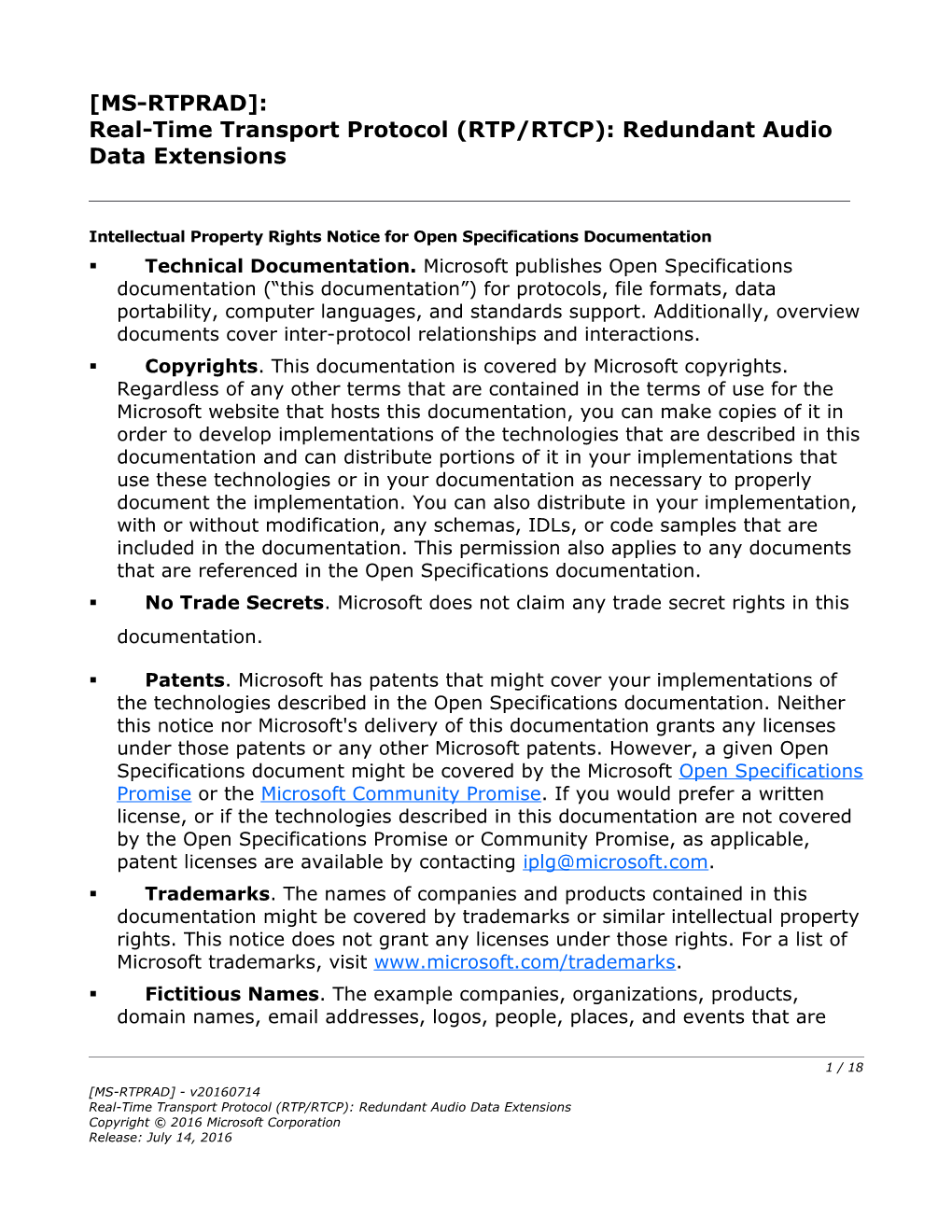 Real-Time Transport Protocol (RTP/RTCP): Redundant Audio Data Extensions