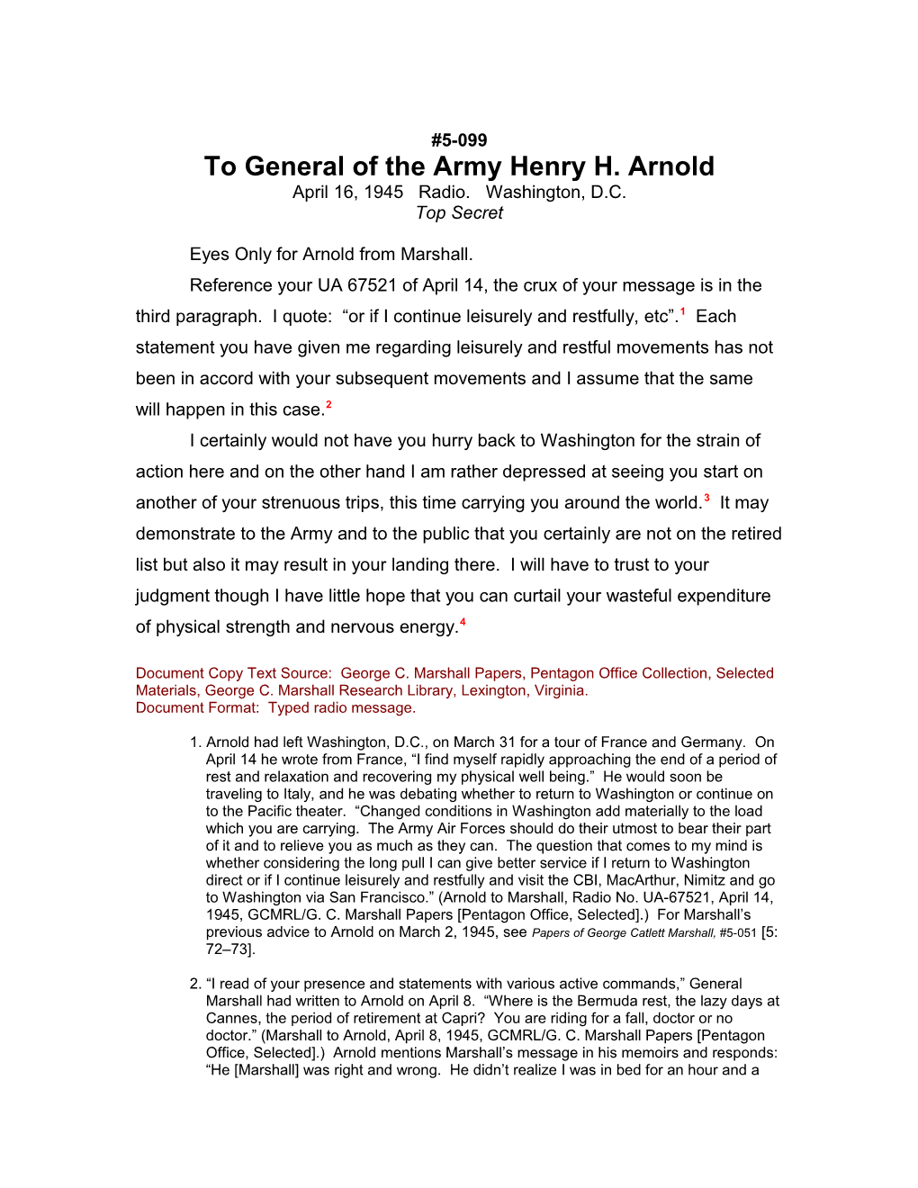 To General of the Army Henry H. Arnold