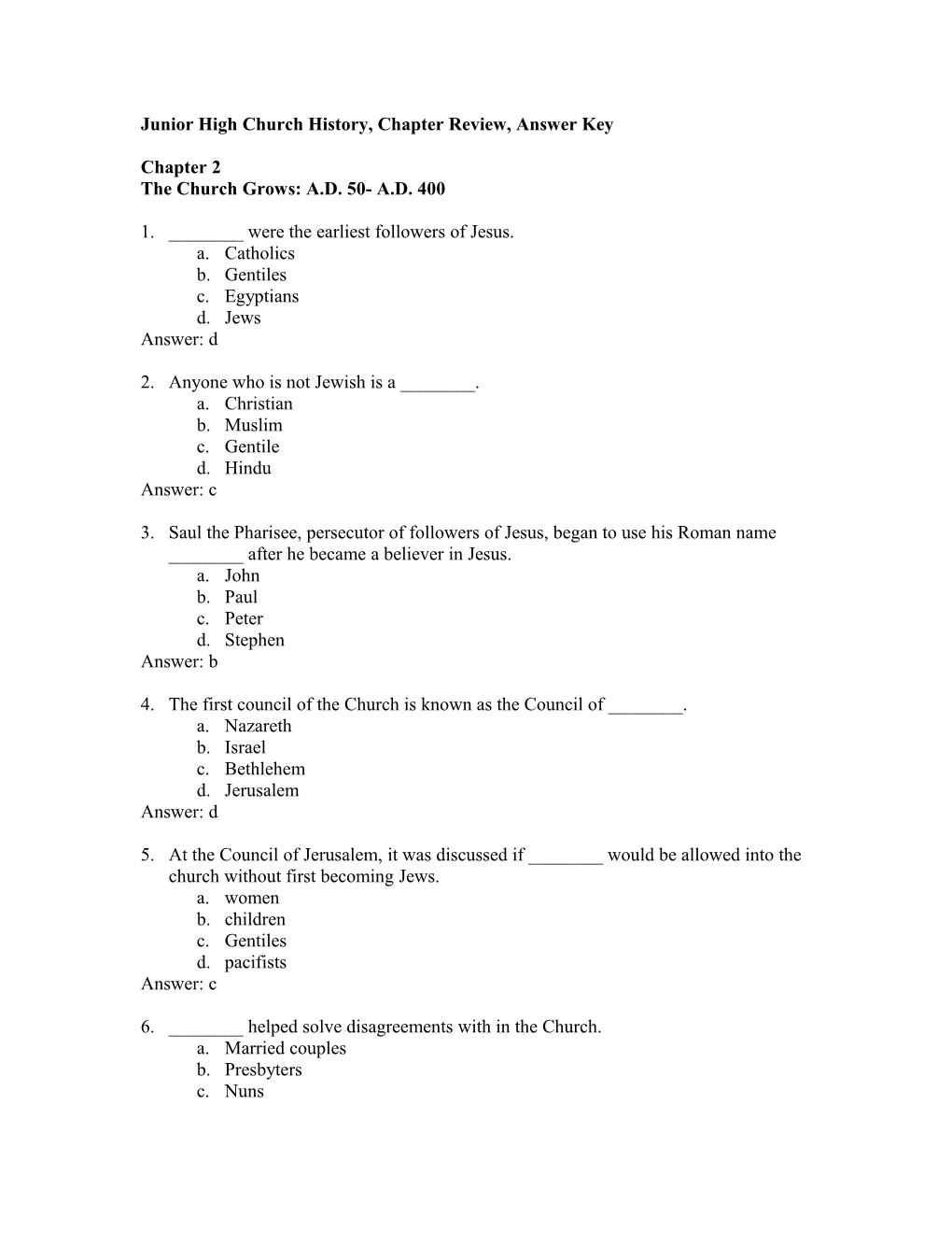 Juniorhighchurch History, Chapter Review, Answer Key