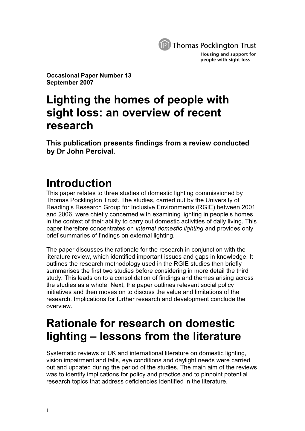 Overview of Domestic Lighting Research for People with Sight Loss