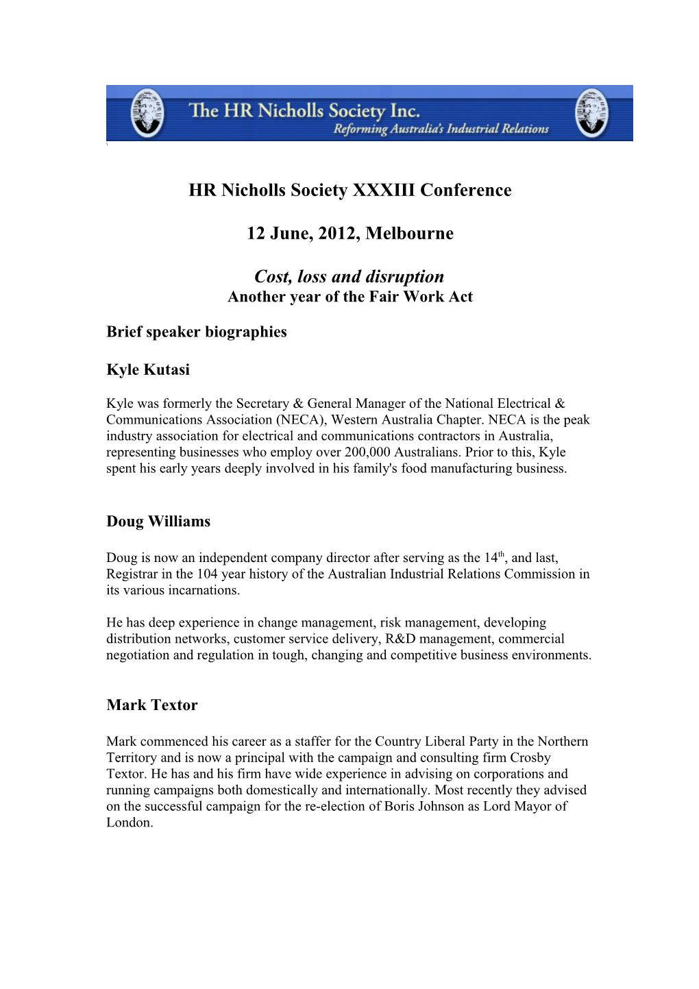 HR Nicholls Society XXXIII Conference