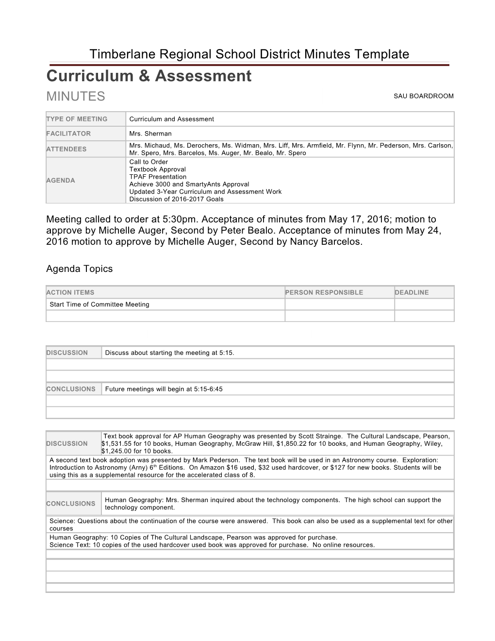 Timberlane Regional School District Minutes Template