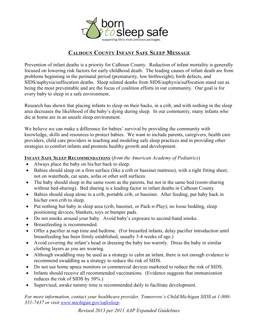 Calhoun County Safe Sleep Coalition DRAFT of COMMUNITY MESSAGE