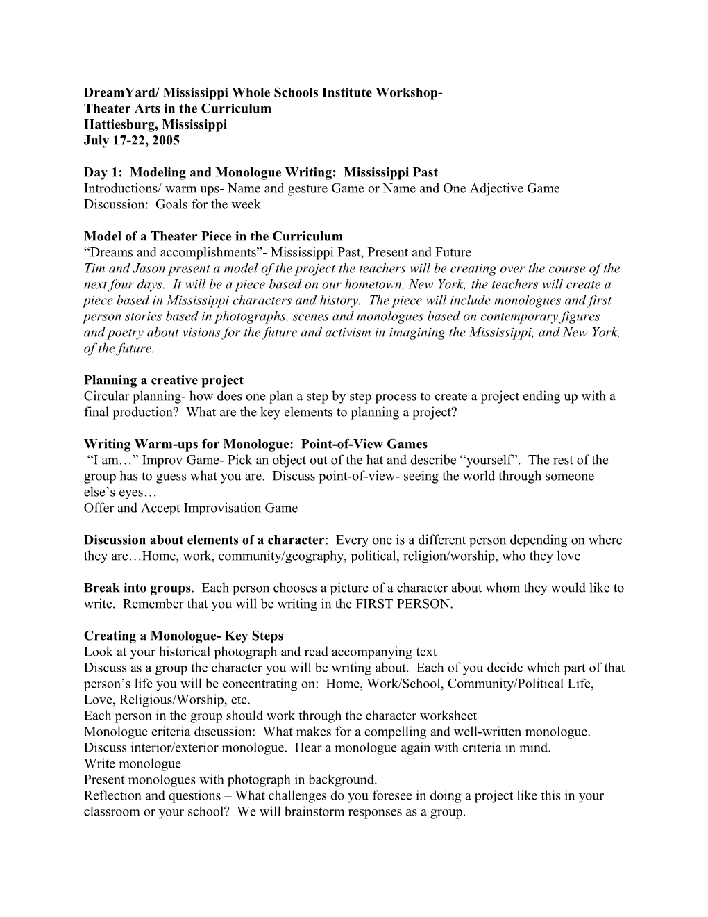 Day 1: Modeling and Monologue Writing: Mississippi Past- the Pillars That Help (People) Endure