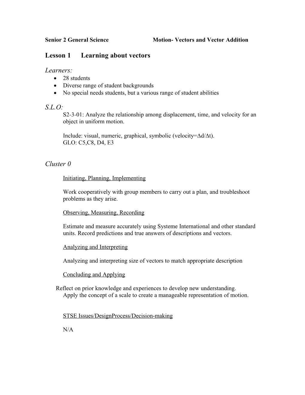 Senior 2 General Science Motion- Vectors and Vector Addition Lesson 1