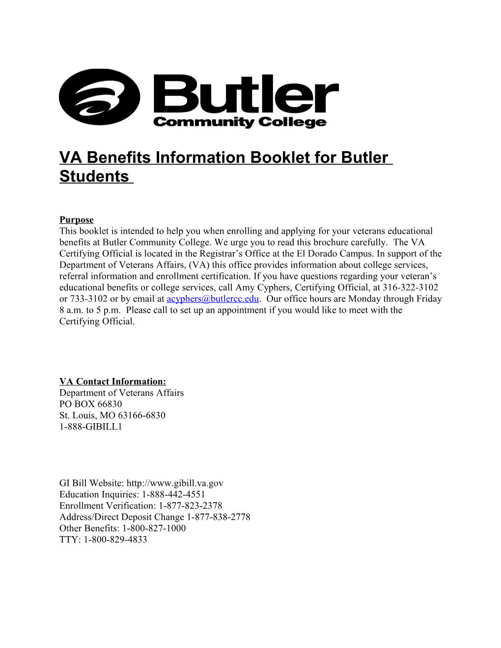 VA Benefits Information Booklet for Butler Students