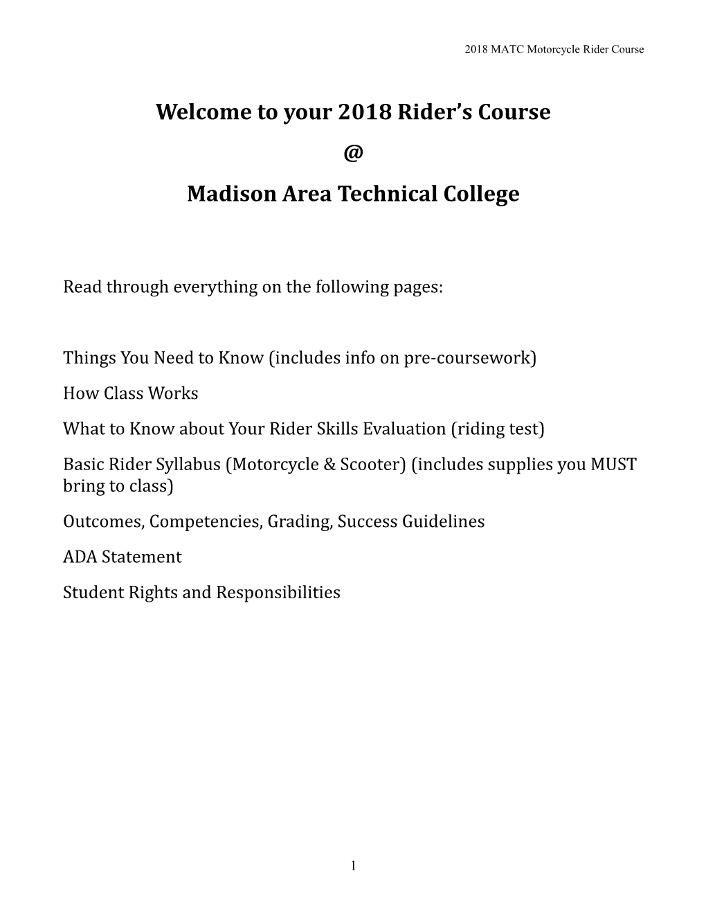 Welcome to Your 2018 Rider S Course