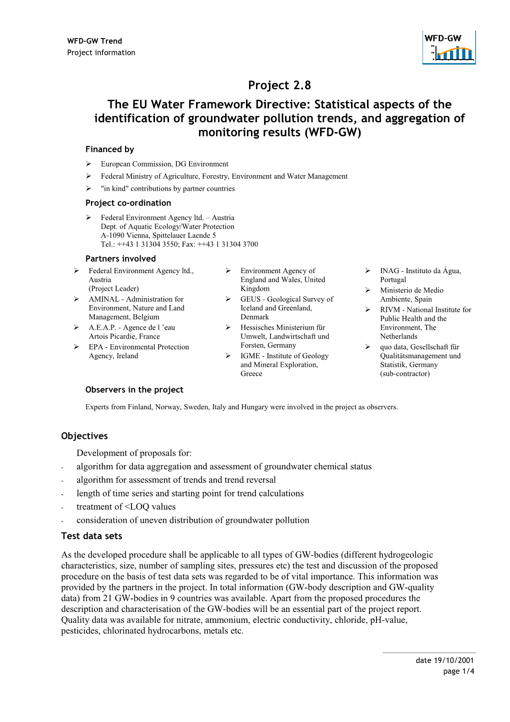 Project: the EU Water Framework Directive: Statistical Aspects of the Identification Of