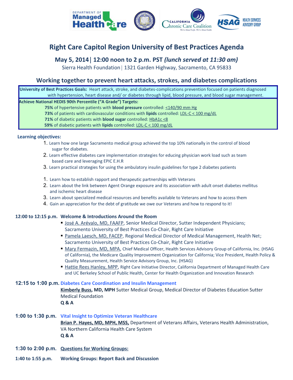 Right Care Capitol Region University of Best Practices Agenda