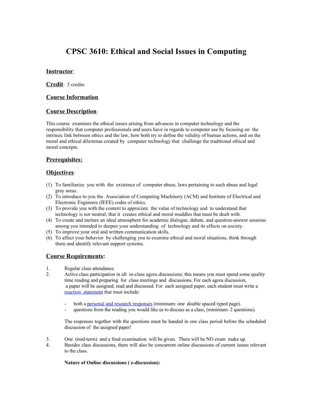 CPSC 385: Ethical and Social Issues in Computing