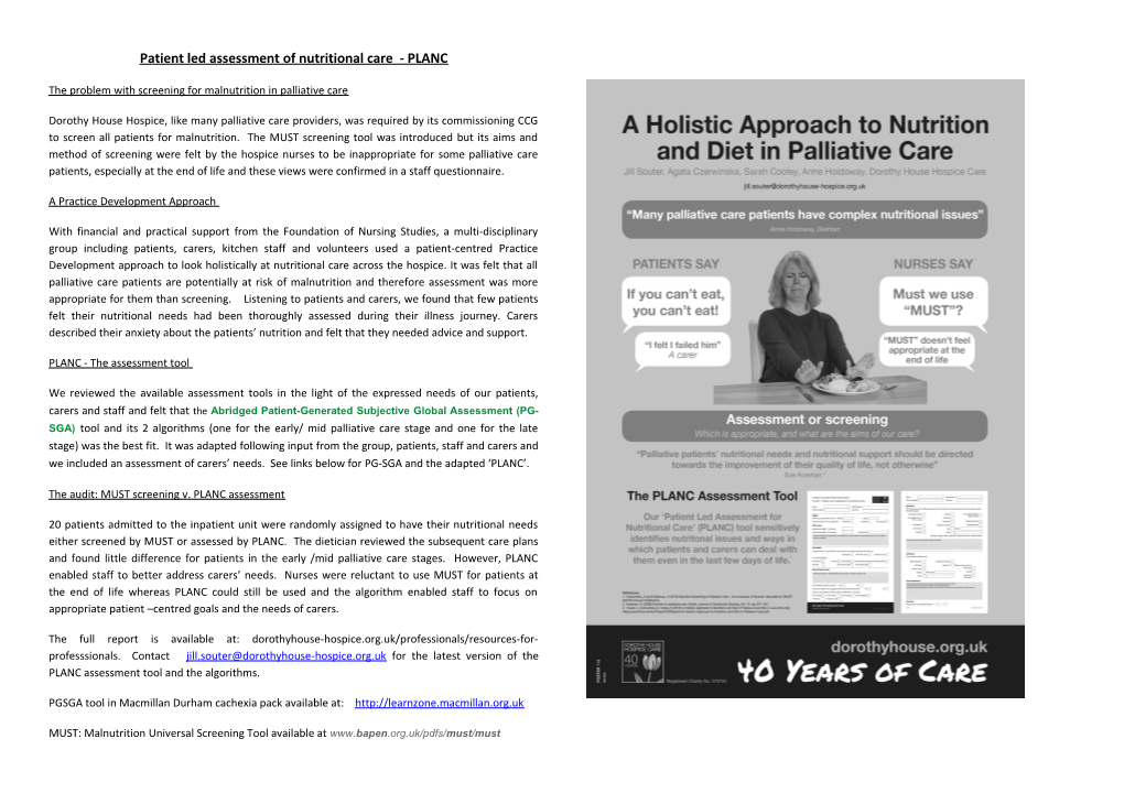 Patient Led Assessment of Nutritional Care - PLANC