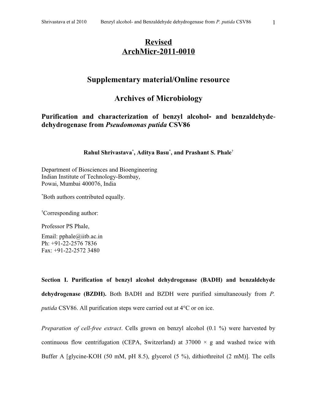 Shrivastava Et Al 2010 Benzyl Alcohol- and Benzaldehyde Dehydrogenase from P. Putida CSV86