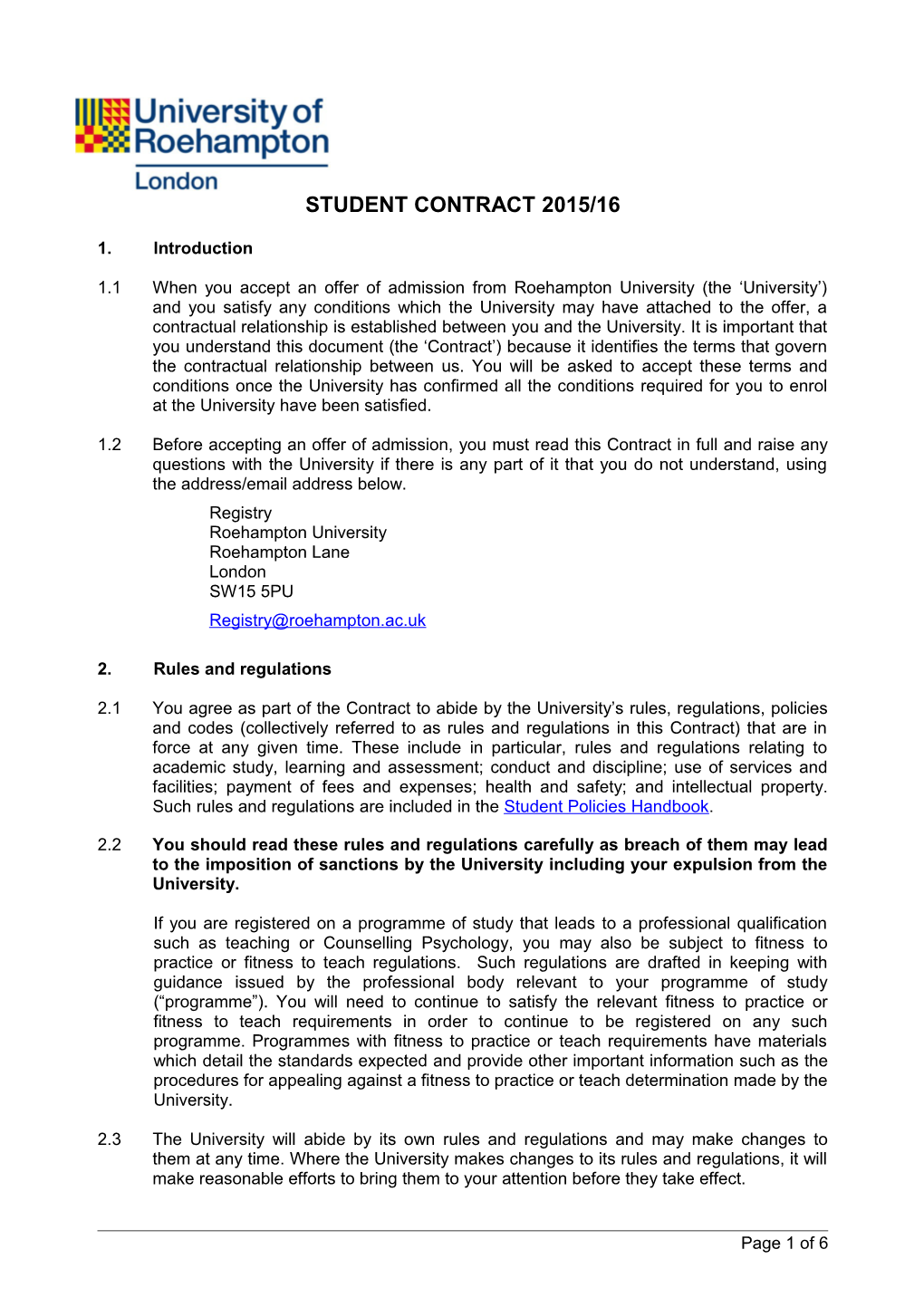 Student Contract 2015/16