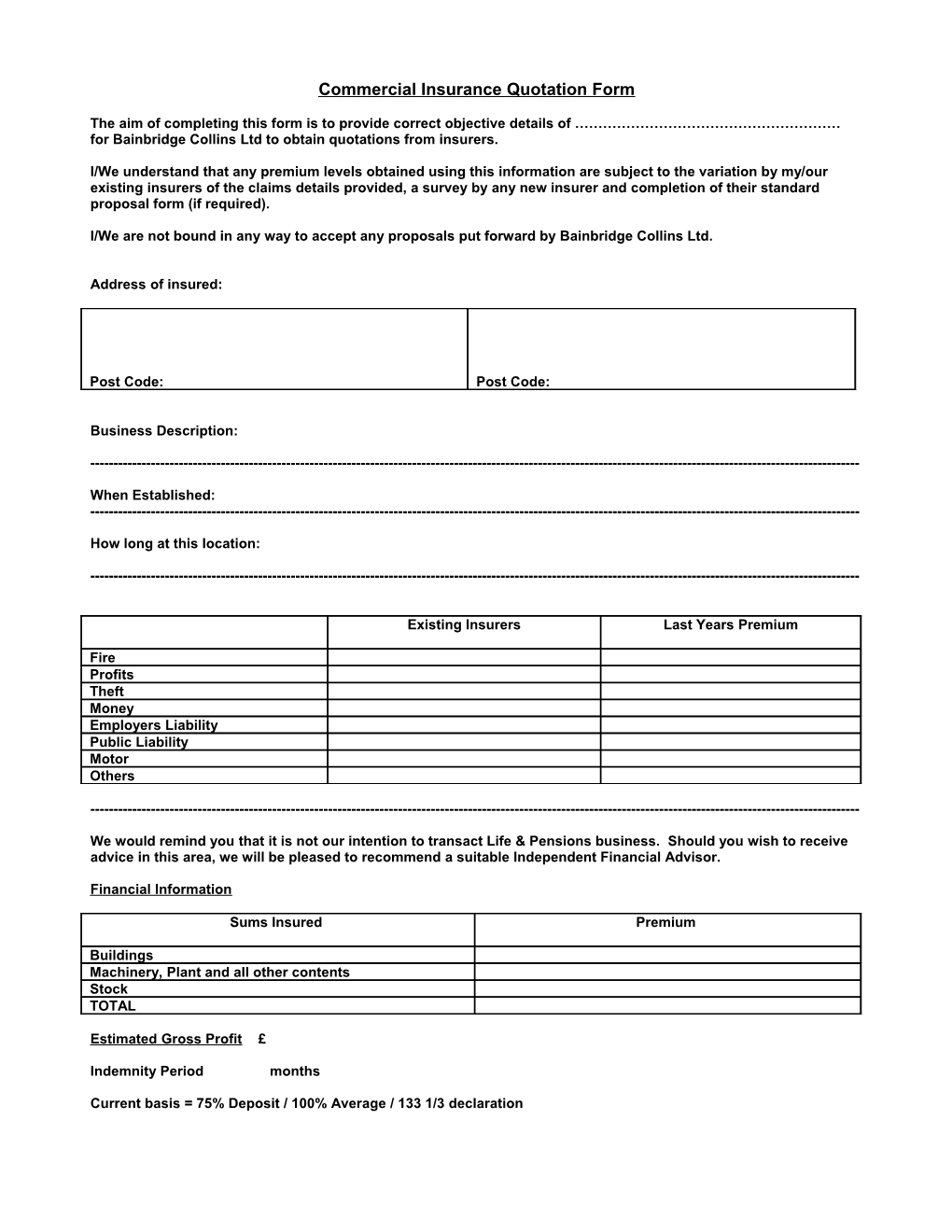 Commercial Insurance Quotation Form