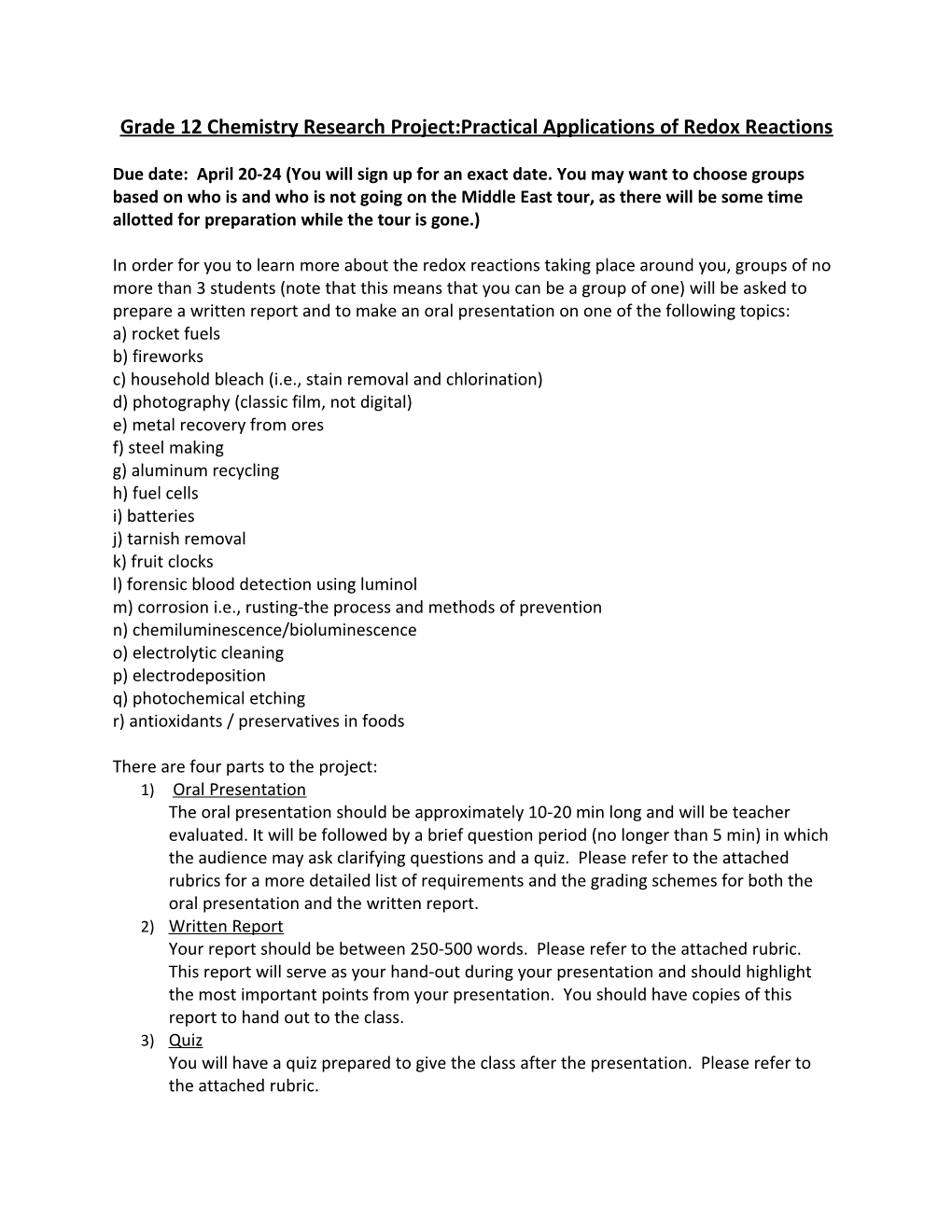 Grade 12 Chemistry Research Project:Practical Applications of Redox Reactions