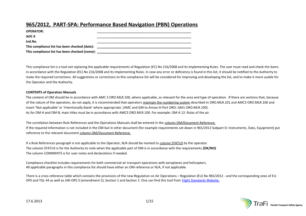 965/2012, PART-SPA: Performance Based Navigation (PBN) Operations