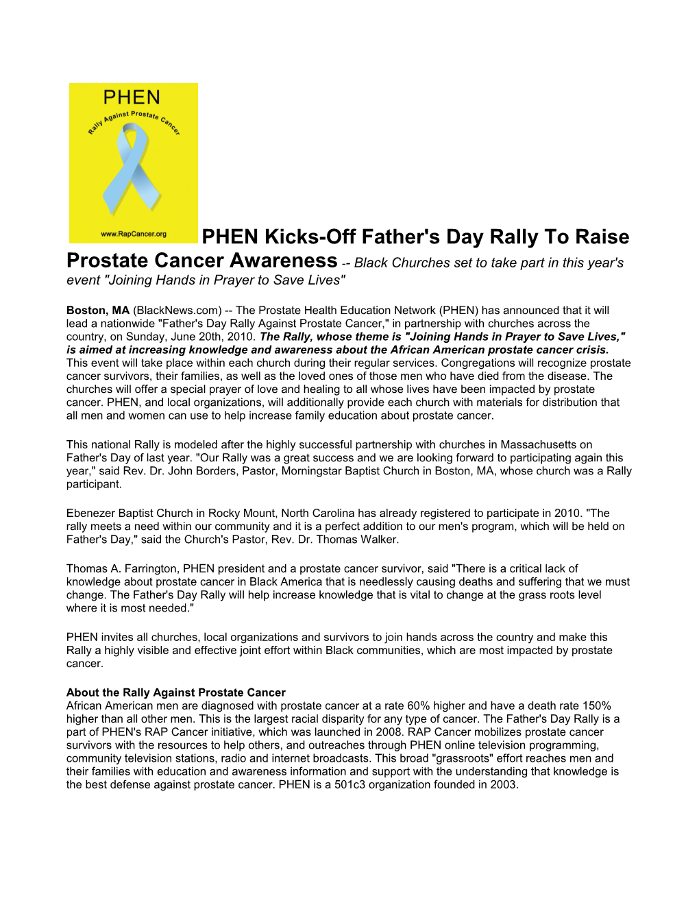PHEN Kicks-Off Father's Day Rally to Raise Prostate Cancer Awareness Black Churches Set