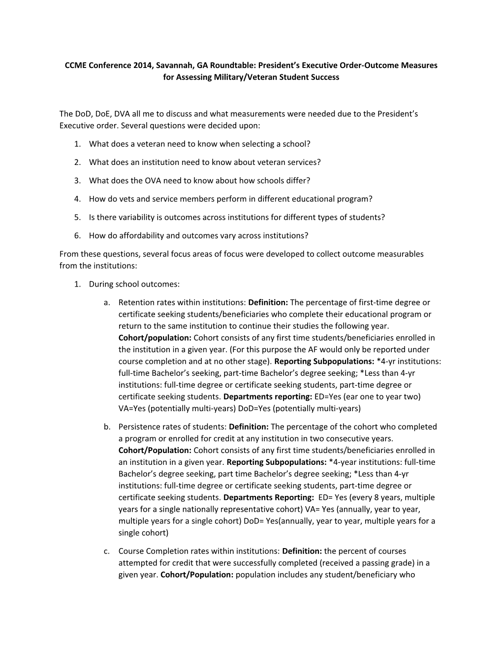 CCME Conference 2014, Savannah, GA Roundtable: President S Executive Order-Outcome Measures