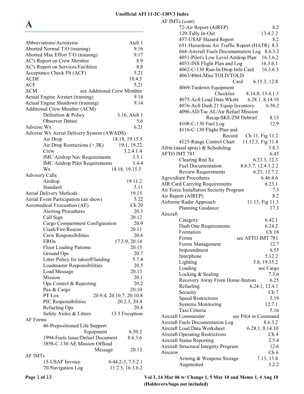 Unofficial AFI 11-2C-130V3 Index