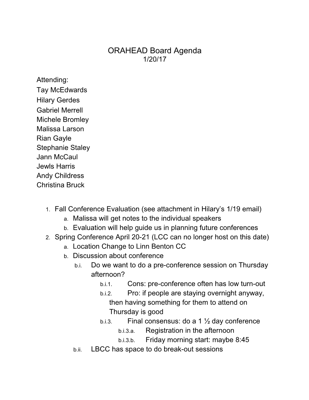 ORAHEAD Board Agenda1/20/17