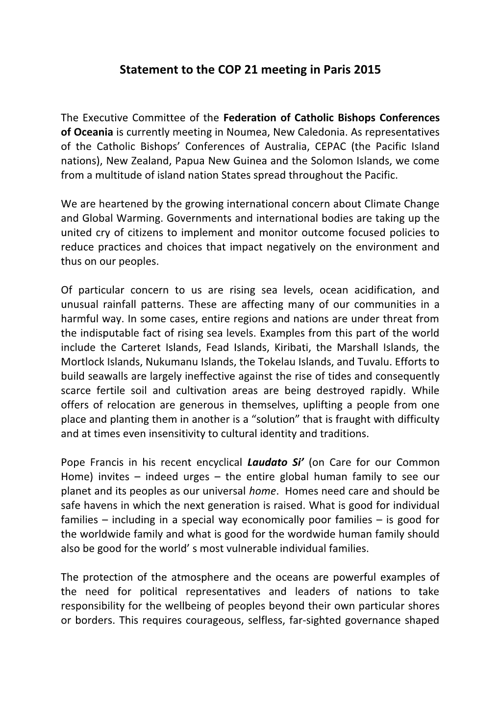 Statement to the COP 21 Meeting in Paris 2015