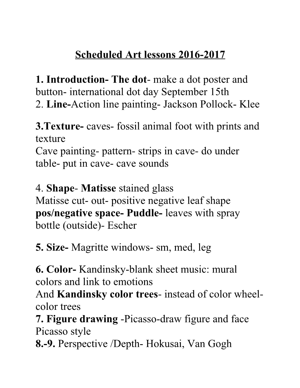 Scheduled Art Lessons 2016-2017