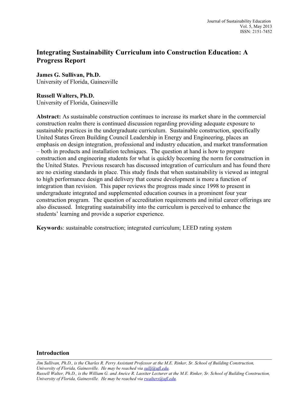 Integrating Sustainability Curriculum Into Construction Education: a Progress Report
