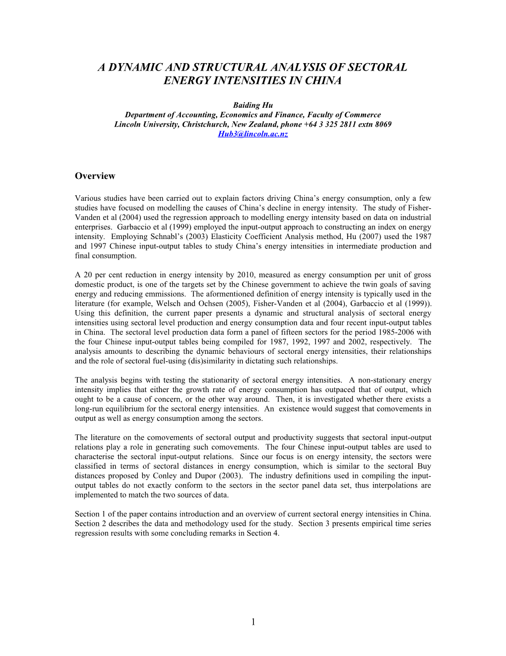 A Dynamic and Structural Analysis of Sectoral Energy Intensities in China