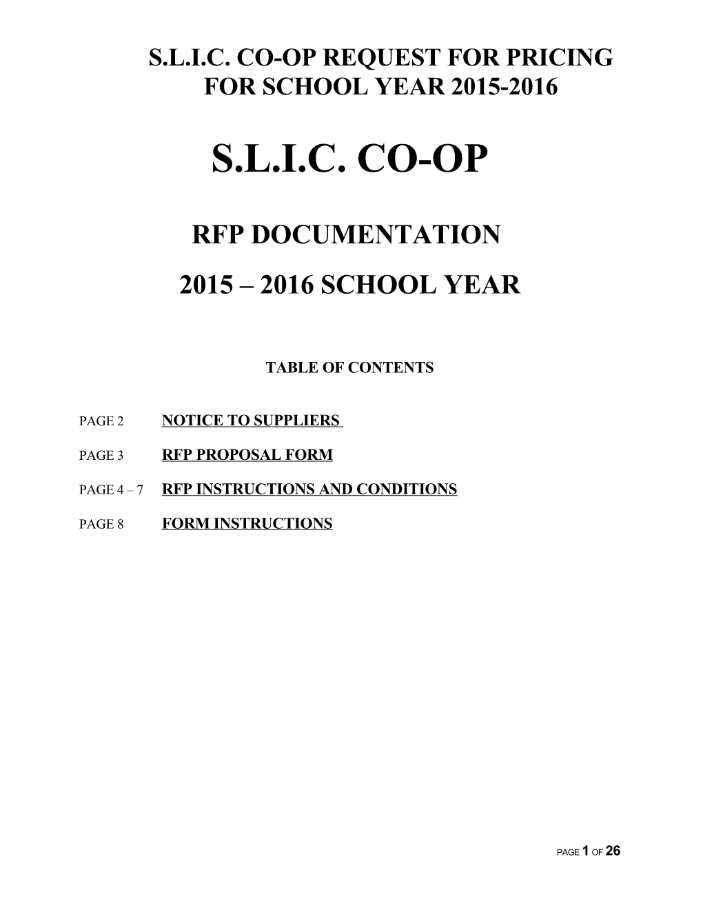 S.L.I.C. Co-Op Request for Pricing for School Year 2015-2016
