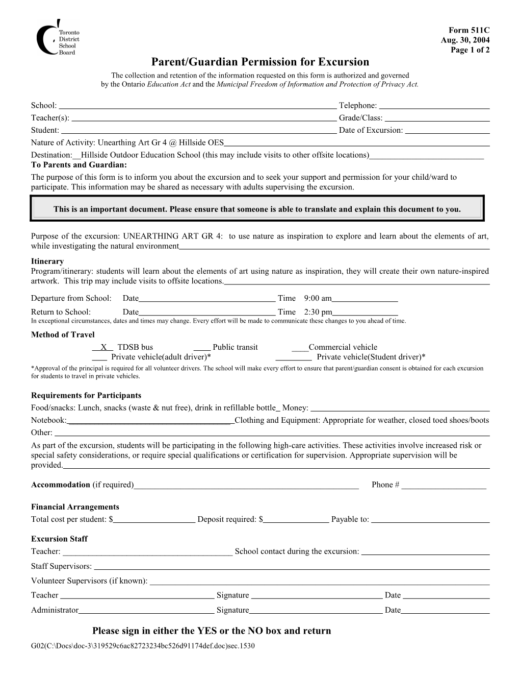 Form 511C: Parent/Guardian Permission for Excursion