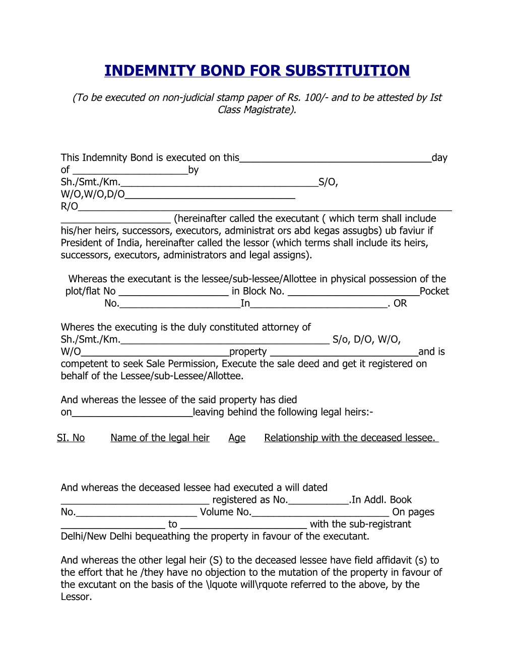 Indemnity Bond for Substituition