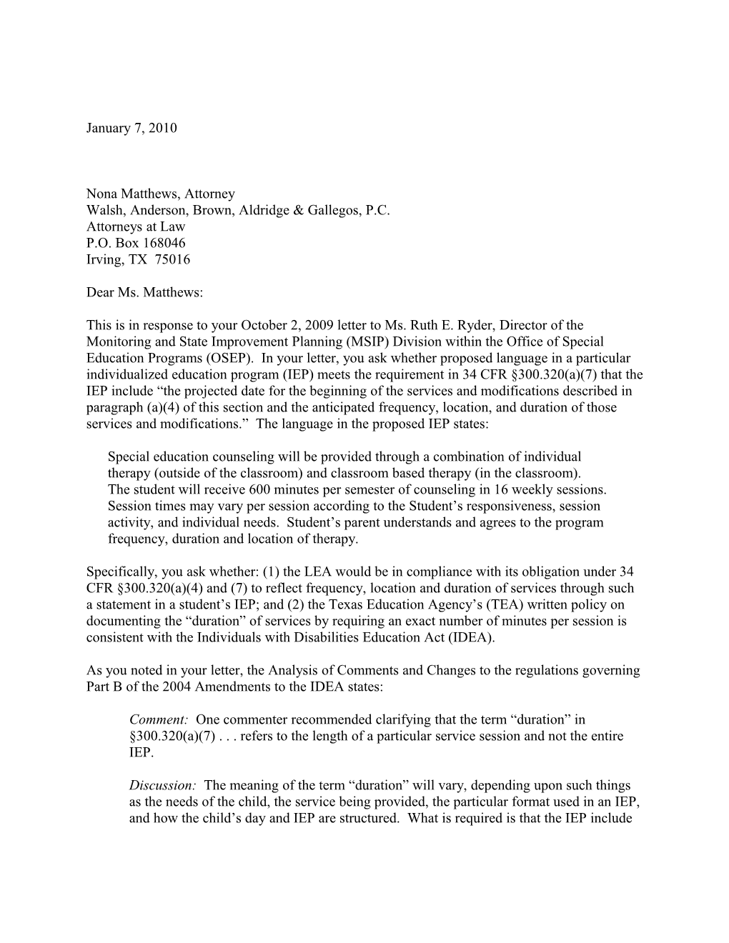 Matthews Letter Dated 01/07/10 Re: Individualized Education Programs (MS Word)