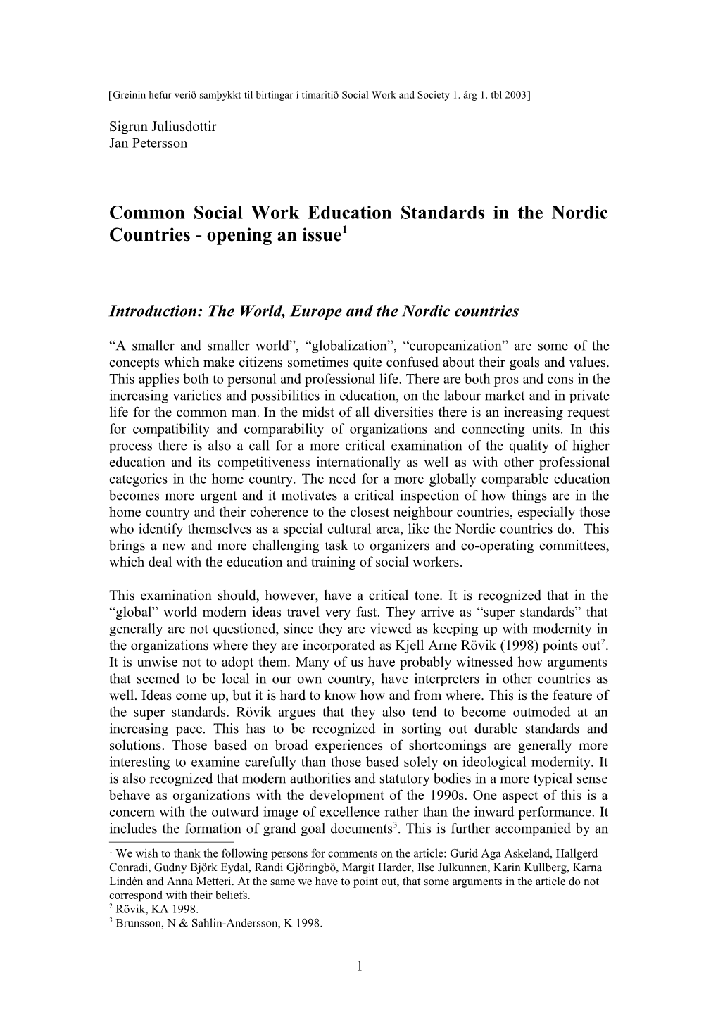 Social Work Education in the Nordic Countries Are Standards Needed
