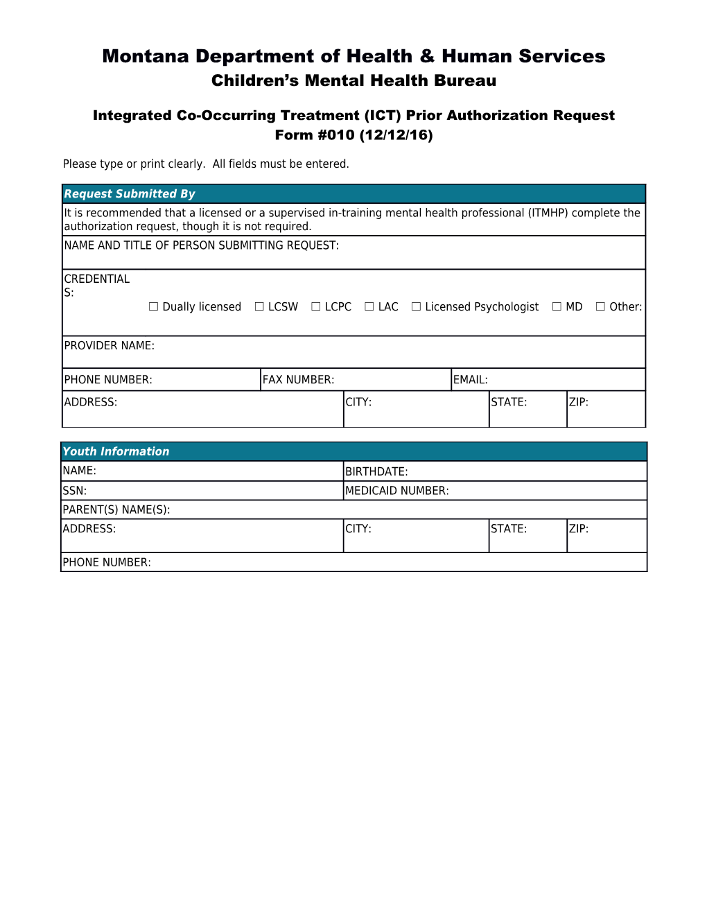 Integrated Co-Occurring Treatment Prior Request