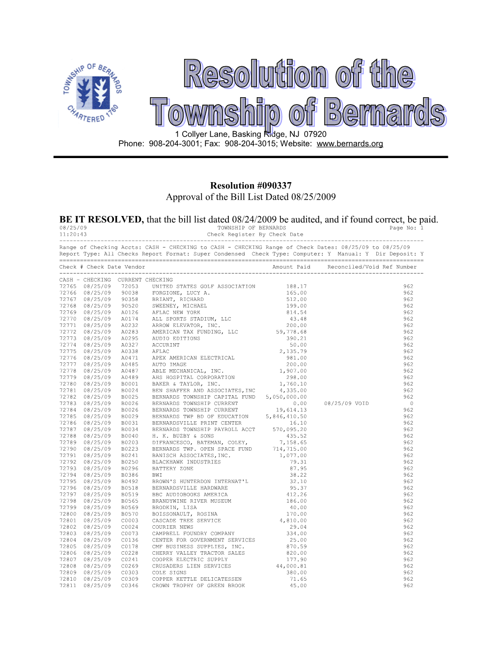 Approval of the Bill List Dated 08/25/2009