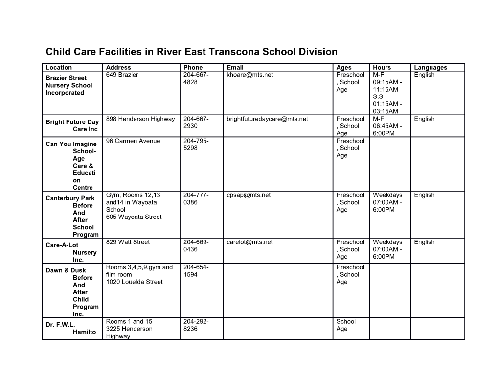 Child Care Facilities in River East Transcona School Division