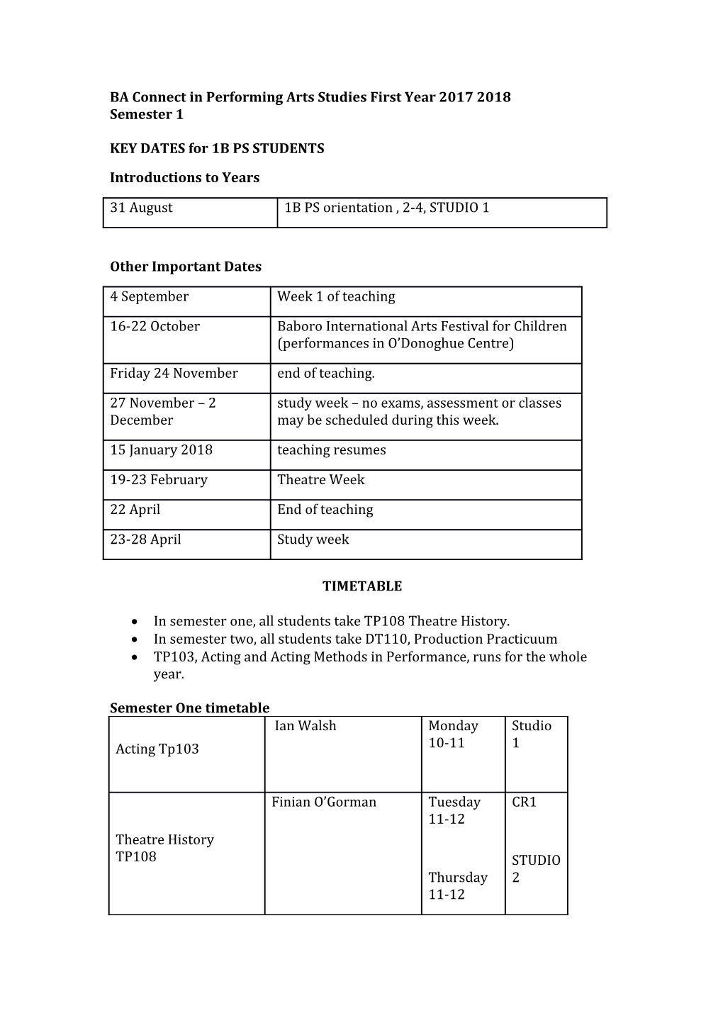 BA Connect in Performing Arts Studies First Year 2017 2018