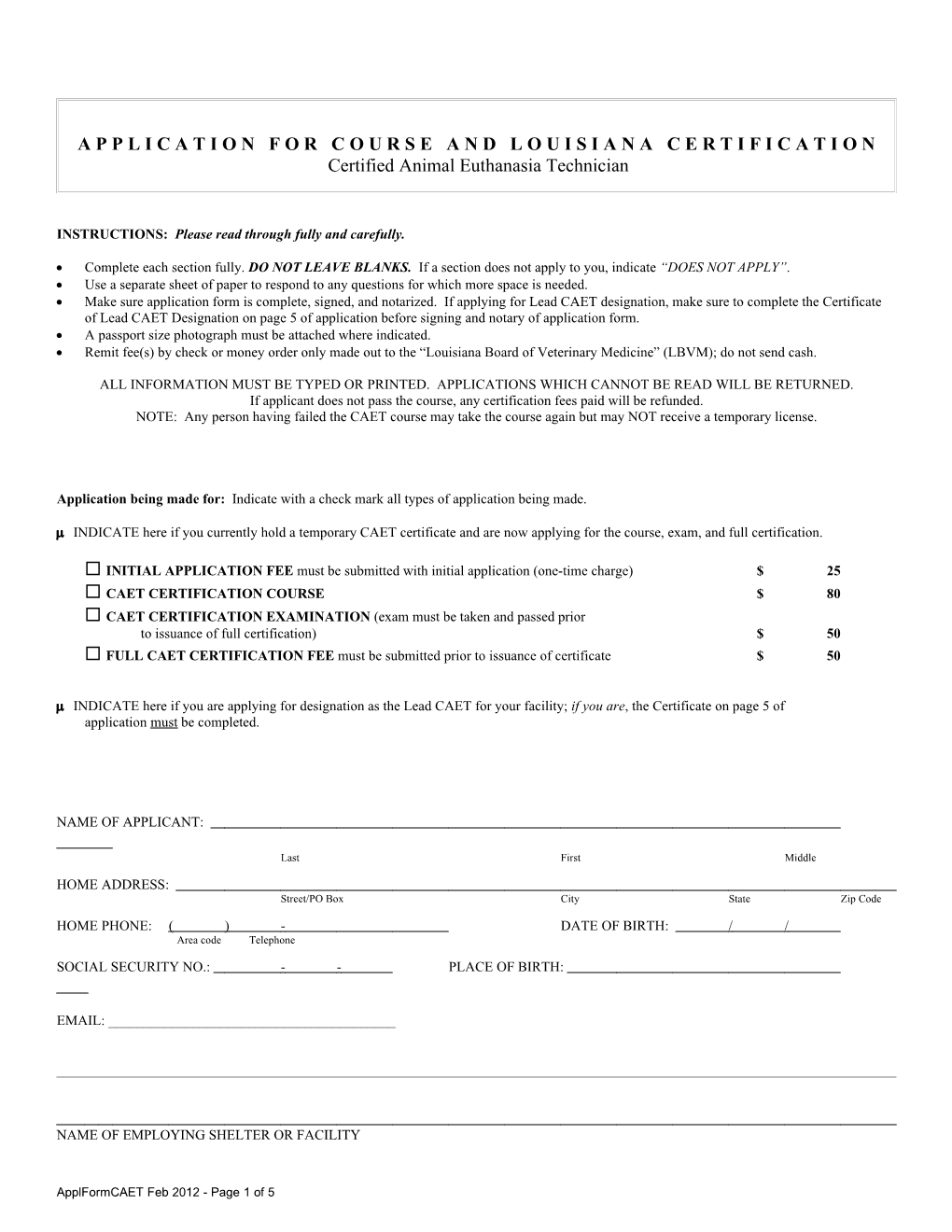 Application for Course and Louisiana Certification