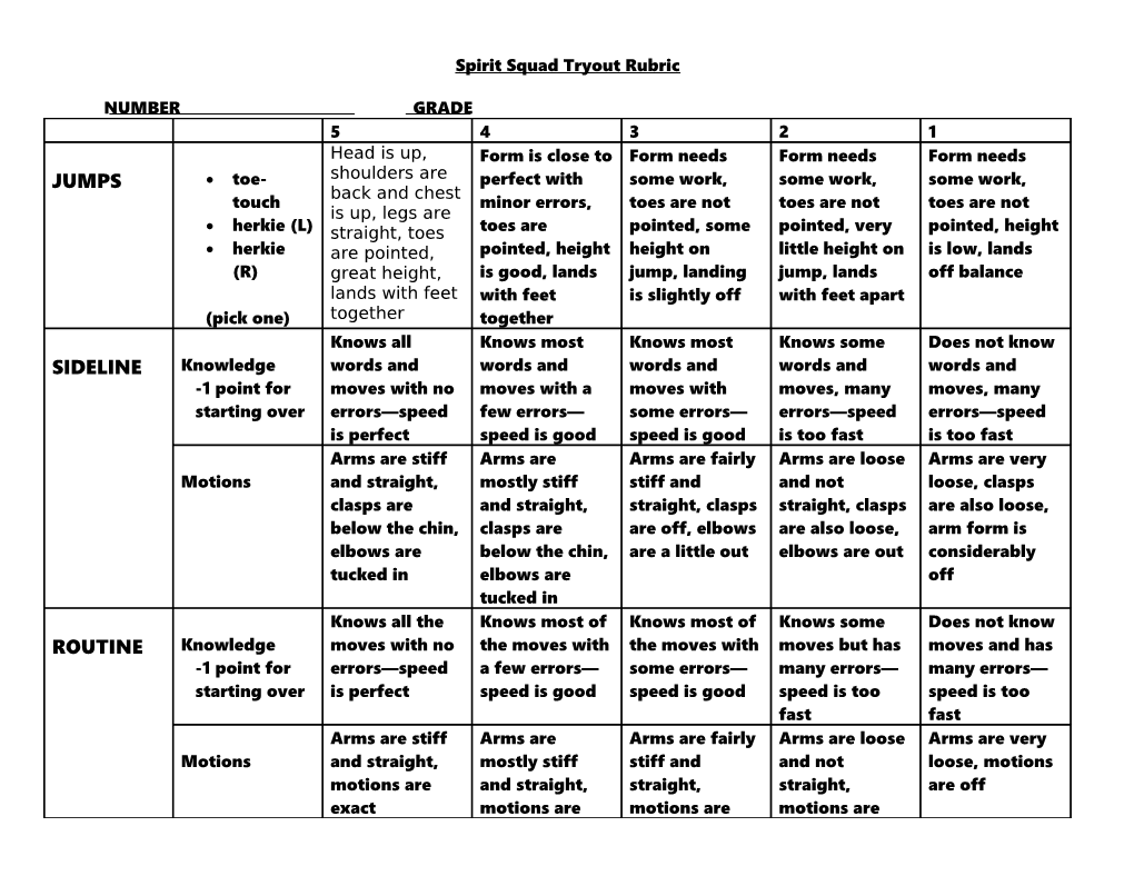 Spirit Squad Tryout Rubric