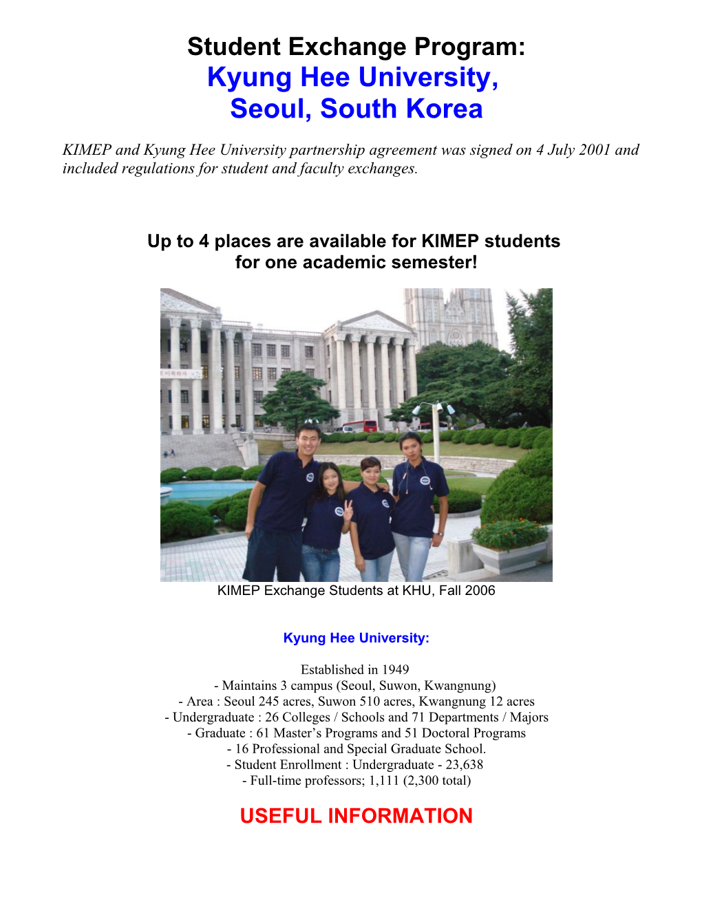 Student Exchange Program: Kyung Hee University, Seoul, South Korea