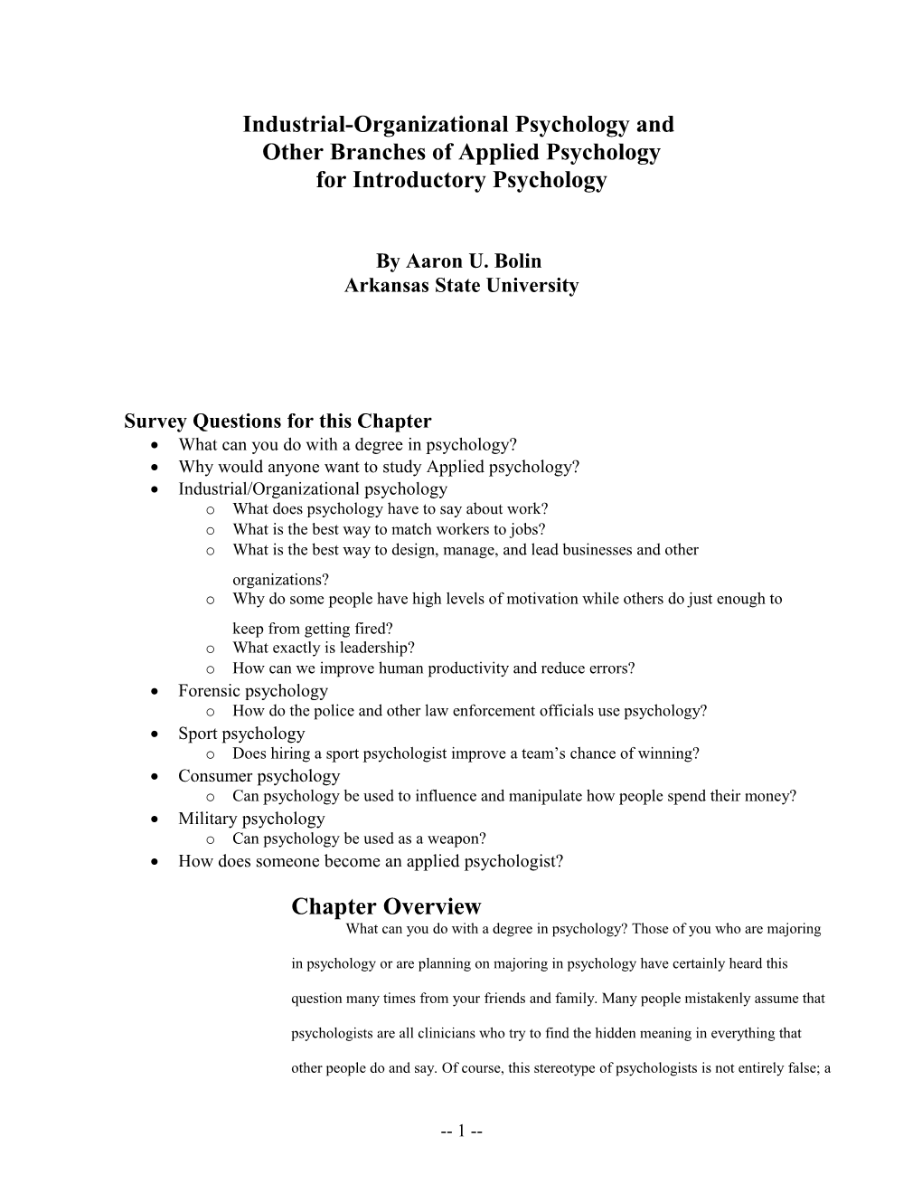 IO Chapter for Intro to Psychology