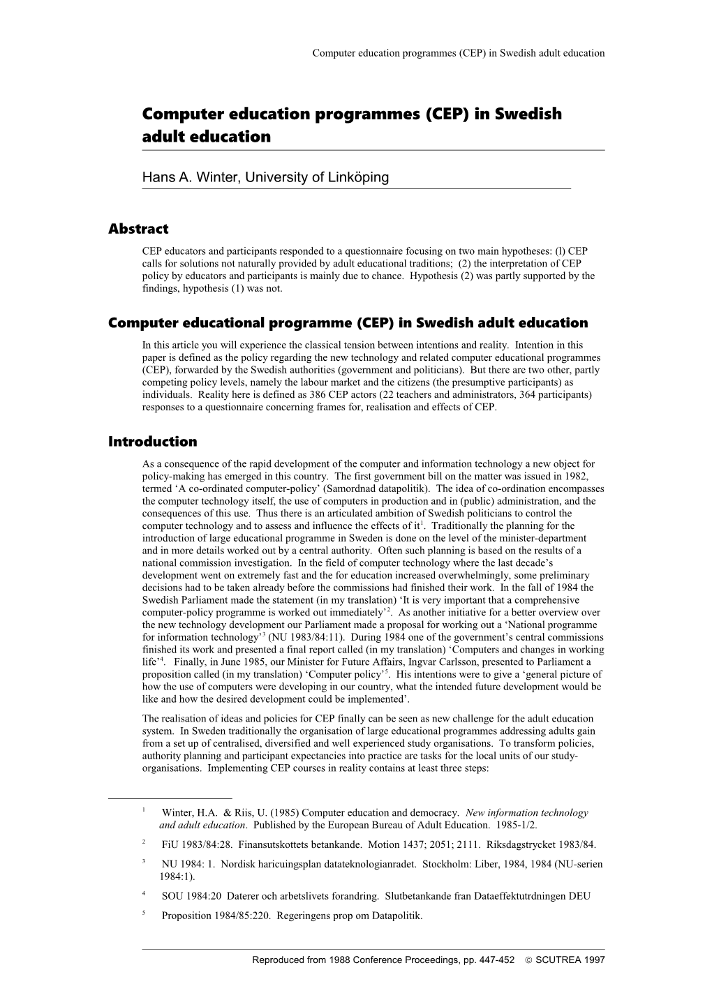 Computer Education Programmes (CEP) in Swedish Adult Education