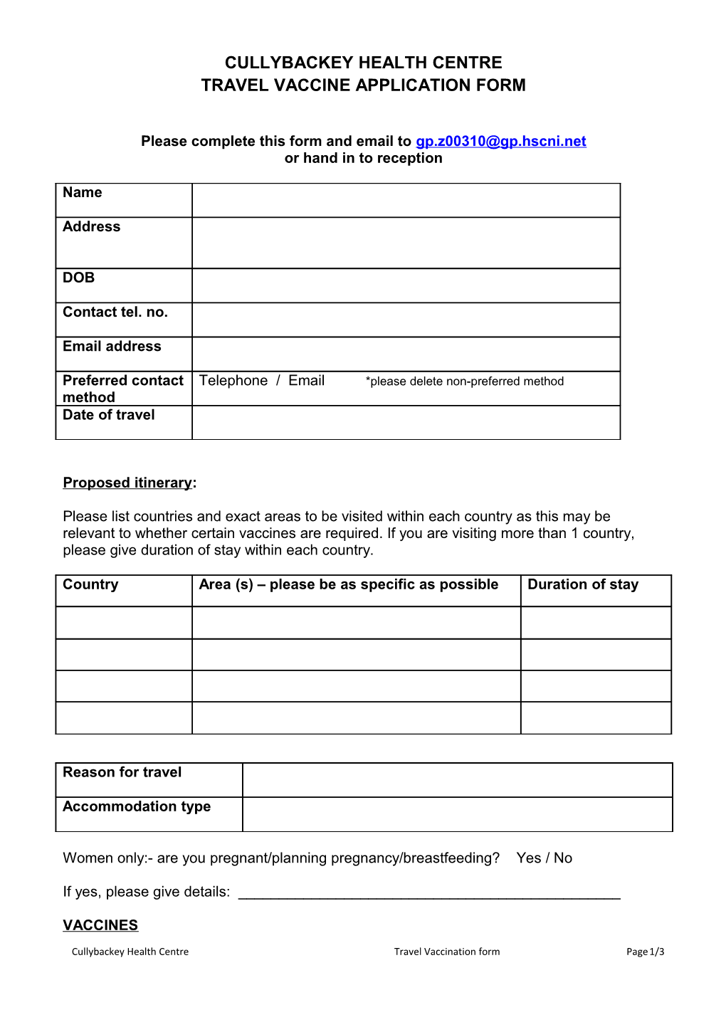 Travel Vaccine Application Form