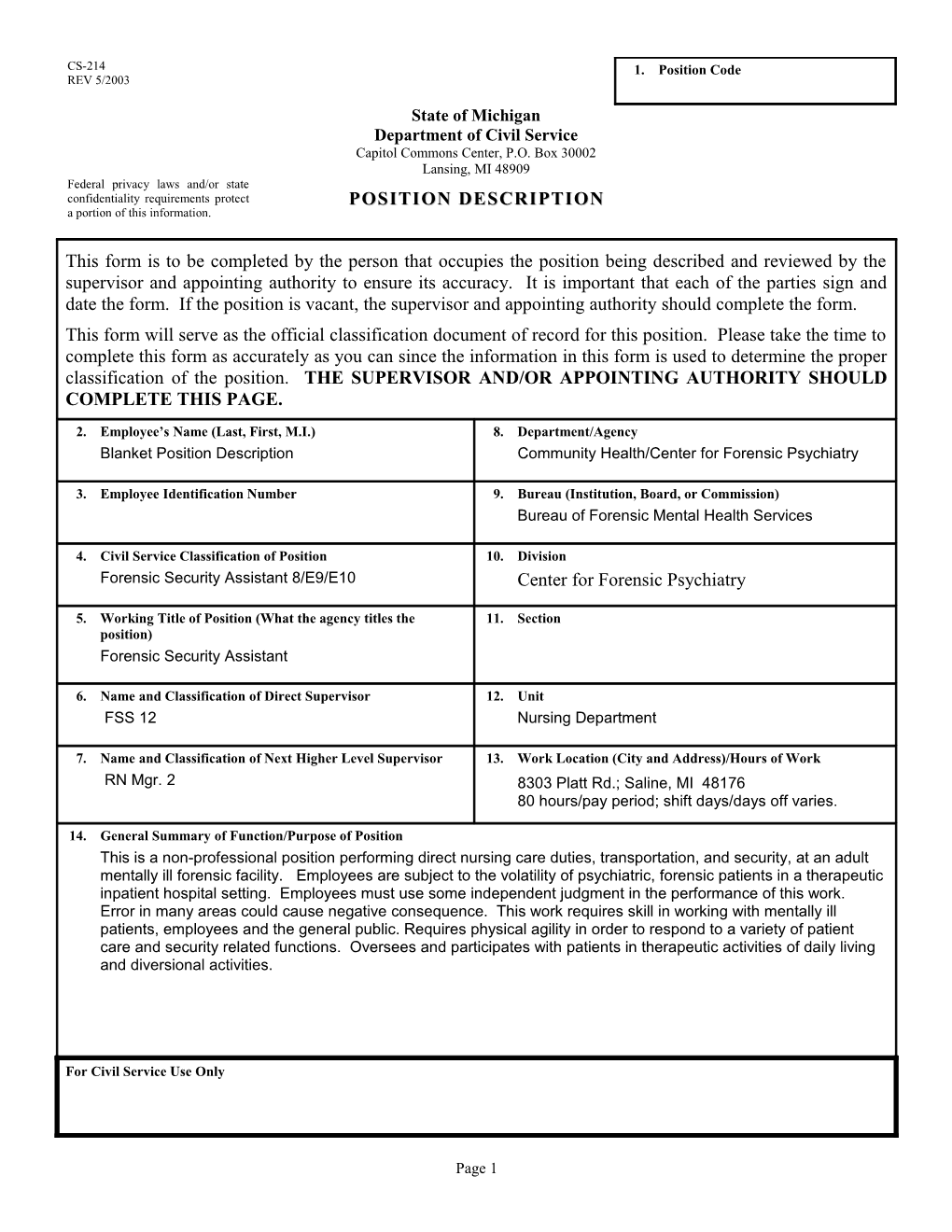 Instructions for Completing the Civil Service Position Description Form (Cs-214)