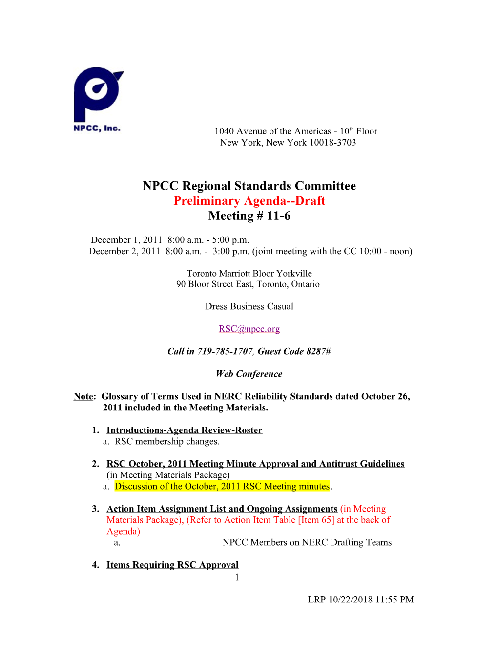 RSC 12-1-11 Meeting Agenda