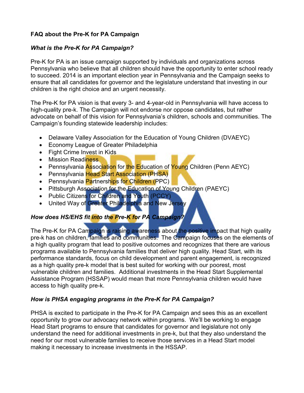 FAQ About the Pre-K for PA Campaign