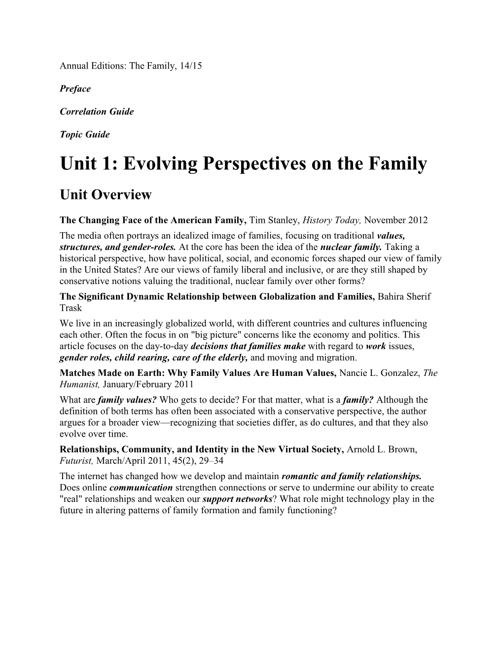 Unit 1: Evolving Perspectives on the Family