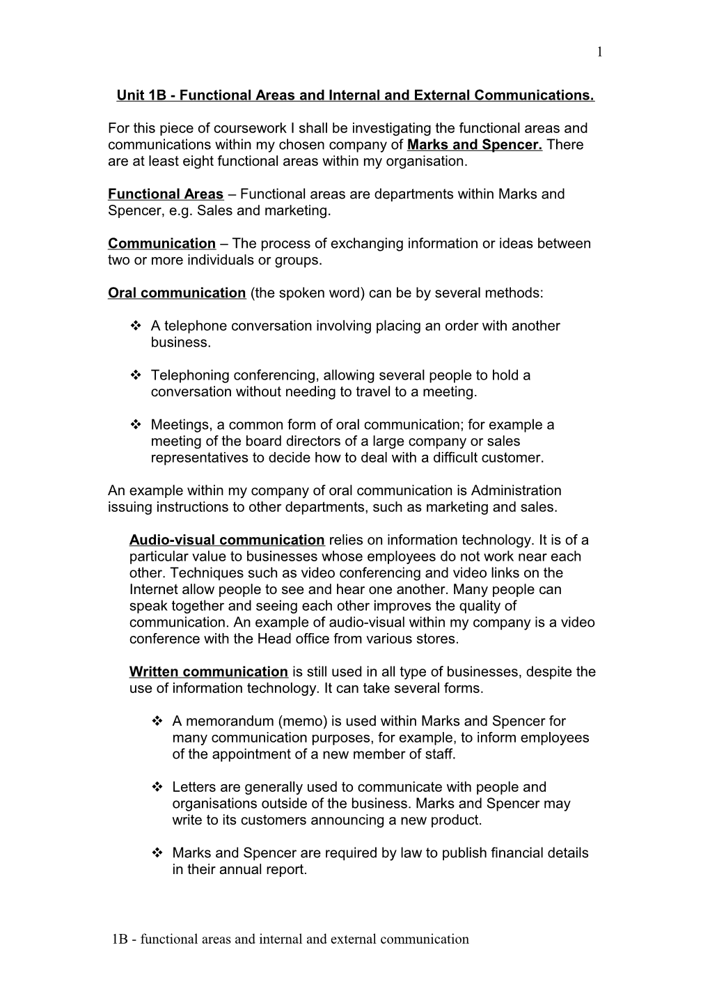 Unit 1B - Functional Areas and Internal and External Communications