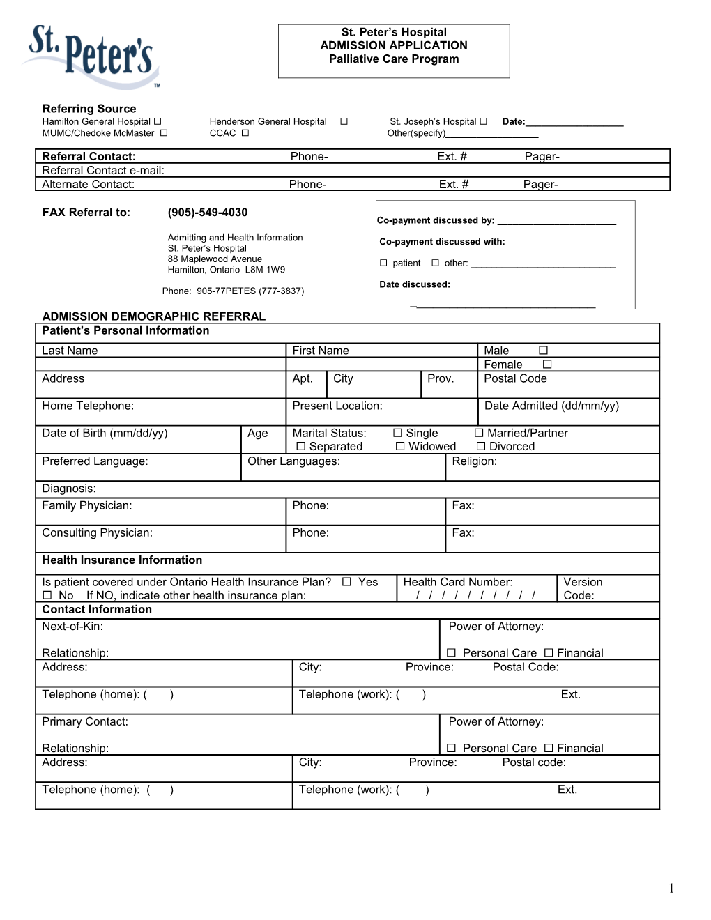 Application for Admission to the Palliative Care Unit